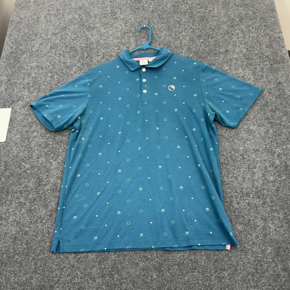 Puma x Arnold Palmer Polo Shirt Mens XL Teal Cotton Blend Umbrella Print Golf